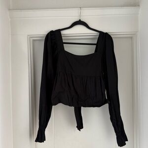 Square Neck Long Puffy Sleeve Black Women's Top